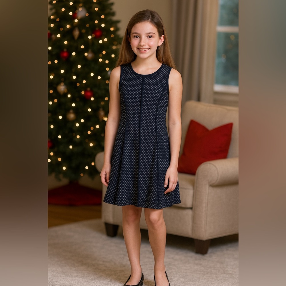 NWT blush by US Angels Tween Dotted Jacquard Dress, Navy, sz 14, MSRP $59